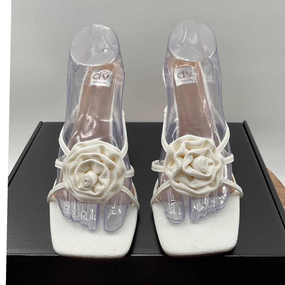 DV Dolce Vita Zelly White Rosette Strappy Square Toe Kitten Heel Sandals Wms 11